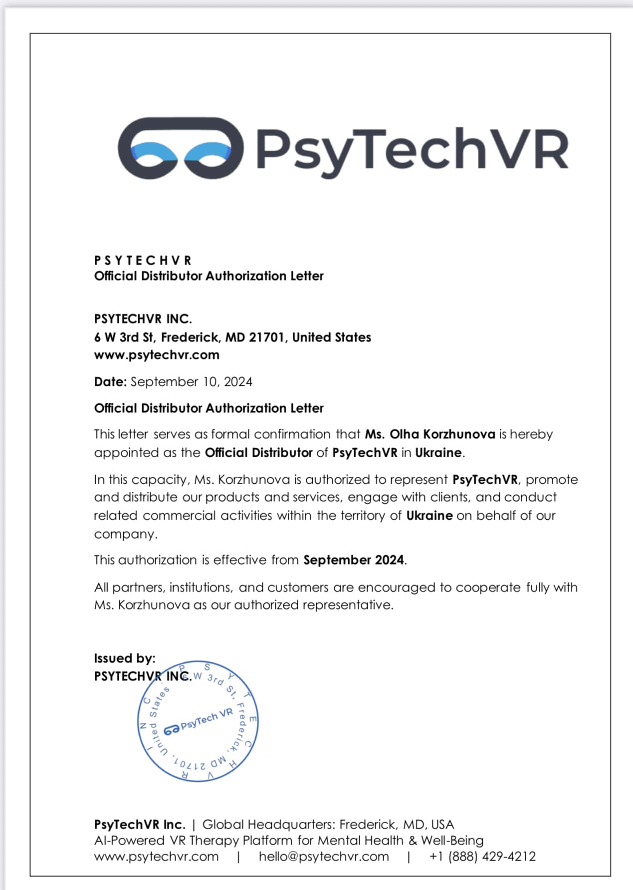 Official Distributor Authorization Letter — PsyTechVR